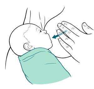 While baby is latched on right nipple, left hand massages breast tissue towards nipple and baby's latched mouth.