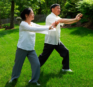 Two people doing tai chi outdoors.